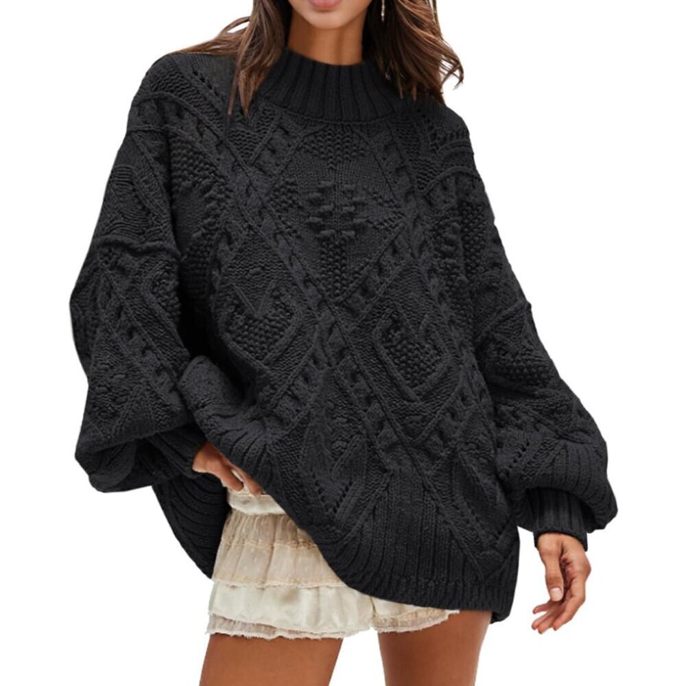 Women's Oversized Cable Knit Sweater Small Black Long Sleeve Fall Pullover